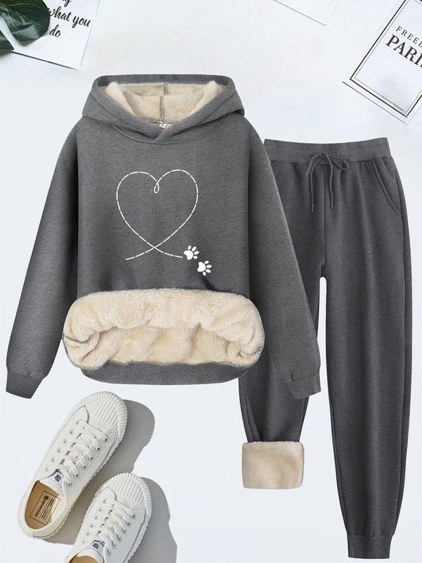 Women's Heart Print Hoodie & Drawstring Waist Pants Thermal Lined Two-piece Set, Casual Long Sleeve Hooded Sweatshirt & Pocket Trousers, Women's Fall & Winter Clothes